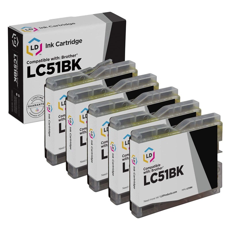 LD Compatible Ink Cartridge Replacement for Brother LC51BK (Black, 5-Pack) Compatible with DCP-130c DCP-330c DCP-350C 2480C 1860C 1360 1960c 2580c MFC-240C - Image 1